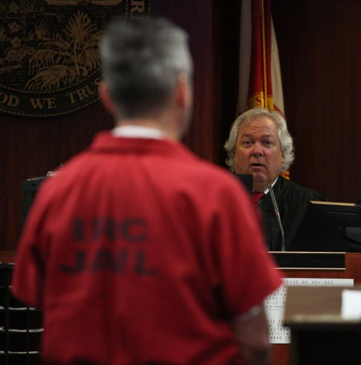 Michael Despres, 58, of Sebastian, appears before Charles “Tony” Schwab, the chief judge of the 19th Judicial Circuit on Monday, April 24, 2023, during sentencing for the 2021 murder of his fiancée, Jeanine Bishop. Despres pleaded no contest to first degree murder with a weapon. 