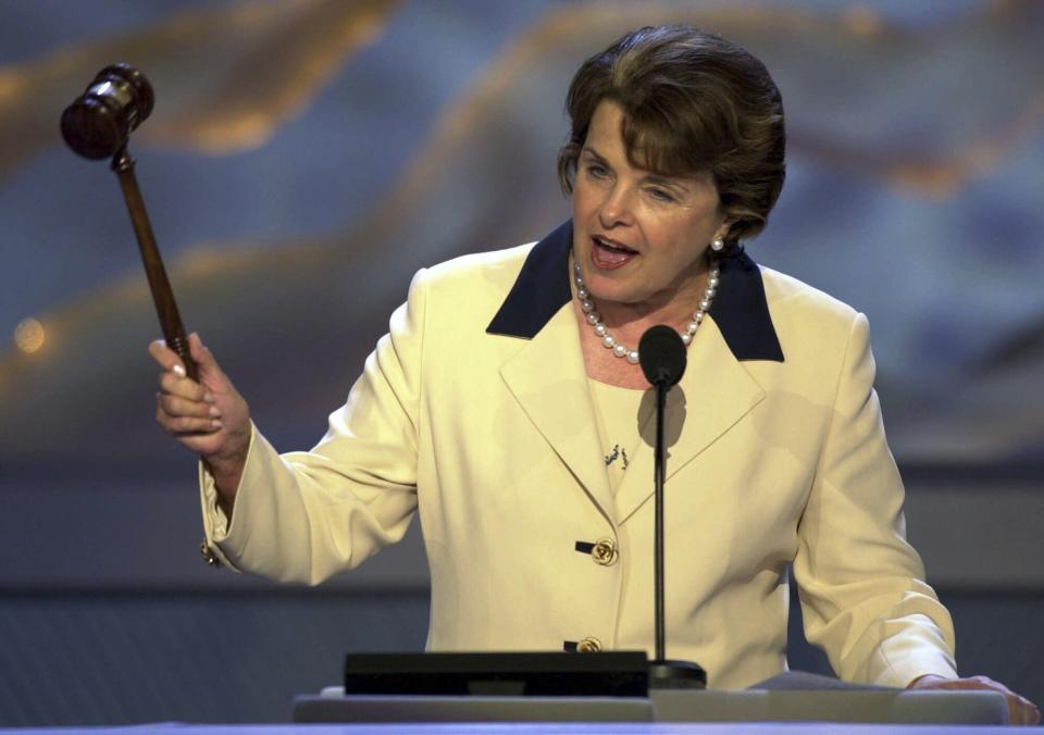 FILE - Sen. Dianne Feinstein, D-Calif., ends the night session of the 2000 Democratic National Convention in the Staples Center, Tuesday, Aug. 15, 2000, in Los Angeles. (AP Photo/Ron Edmonds, File)