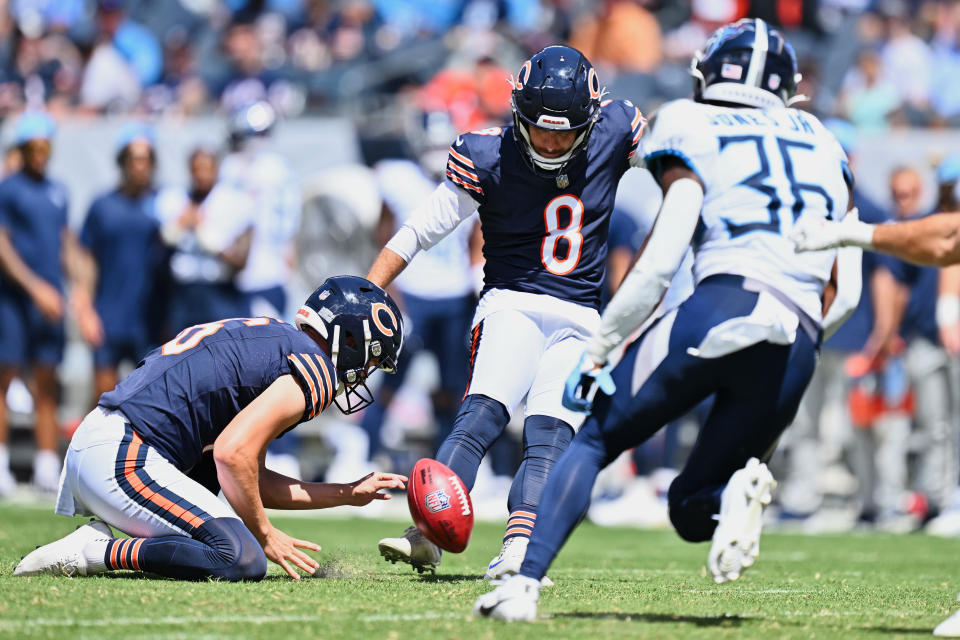 Aug 12, 2023; Chicago, Illinois, USA; Chicago Bears kicker Cairo Santos (8) kicks a 28-yard field goal in the second half against the Tennessee Titans at Soldier Field. Mandatory Credit: Jamie Sabau-USA TODAY Sports ORG XMIT: IMAGN-710965 ORIG FILE ID: 20230812_sjb_qt0_035.JPG