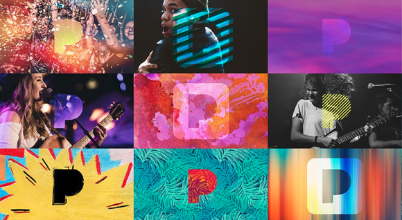 Collage of the Pandora media logo overlaying various colorful backgrounds and musicians performing