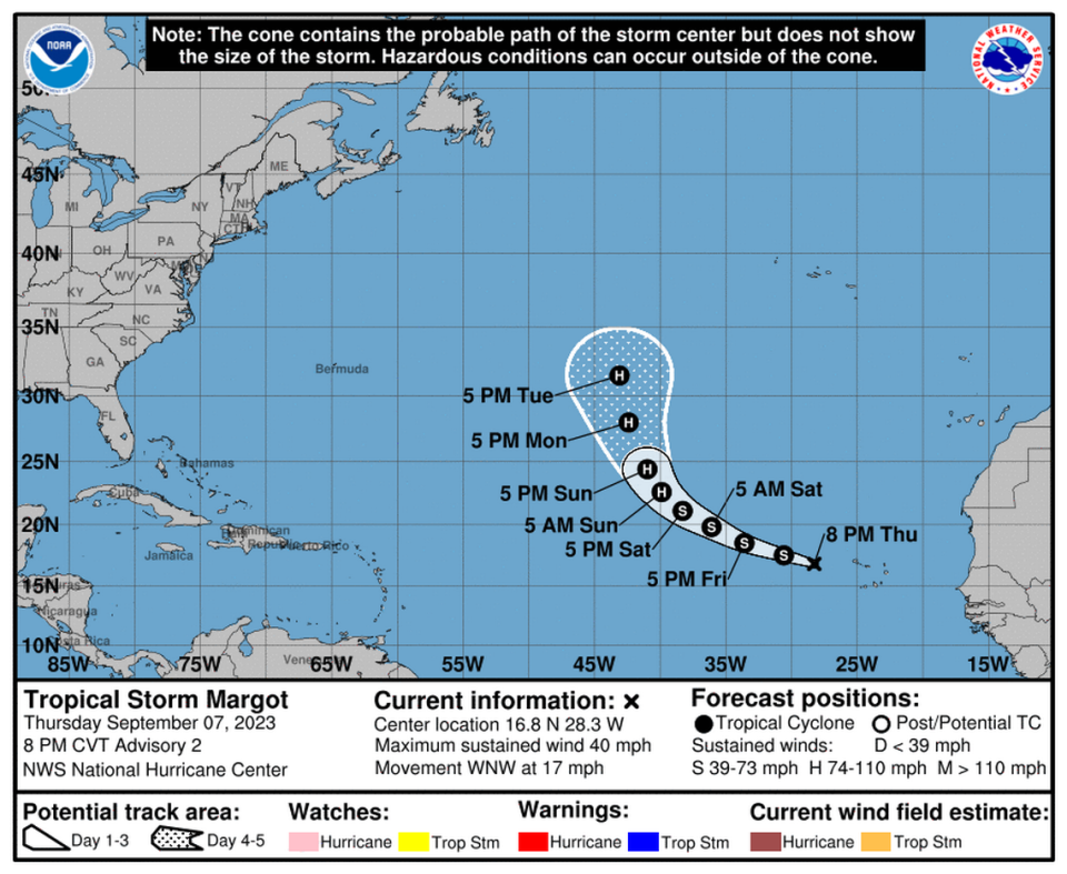 La tormenta Margot se formó en el Atlántico el jueves 7 de septiembre de 2023.