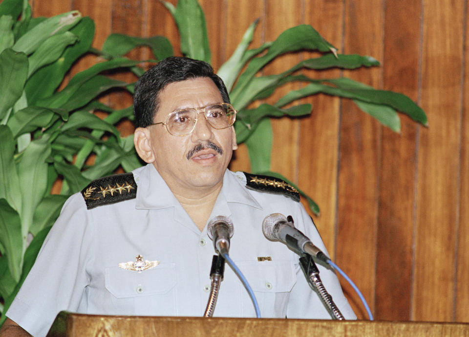 FILE - General Humberto Ortega, head of the Nicaraguan Army, confirms the announcement of his retirement from the army at the presidential house in Managua, Nicaragua, May 18, 1994. On Tuesday, May 21, 2024, Nicaraguan police announced he was under watch, citing health reasons, hours after a controversial interview Ortega, the president's brother, gave. (AP Photo/Mark Hume, File)