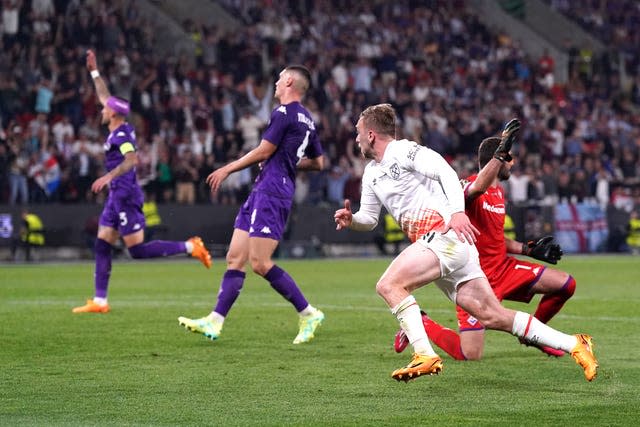 Jarrod Bowen, front, celebrates scoring West Ham's winner in the UEFA Europa Conference League final