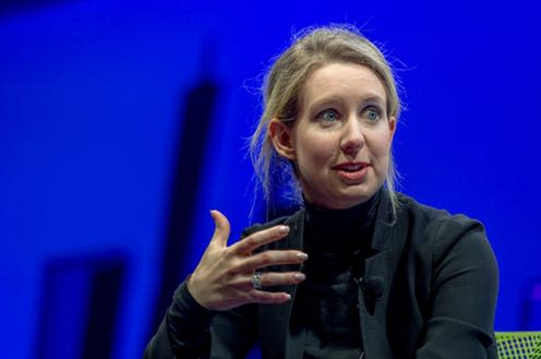 <span class="caption">Theranos CEO Elizabeth Holmes.</span> <span class="attribution"><a class="link " href="https://www.flickr.com/photos/fortuneglobalforum/22718256482/in/photolist-ABx1ah-ADJ9Av-zFD12f-ADHE3i-Am53Js-ADEd1V-ACJgMe-ACJdKx-ADJn1a-zFRgWM-ACFcta-AArv2Y-ADJmhX-Am4R9d-AAnSsw-Am527Q-AAnR1y-ACEXei-zFRjCi-Am4TCb-yWg8Kd-zFR8K6-pzDHqR-zFGGJm-ADHZZ2-zFR4QH-pxTrQw-qhG442-pirkc8-pirtiD-q18uTd-q18o9m-pxT5AN-piqCvG-qhCzof-q1fDqv-pkGLd5-piqHam-q19gro-pzU4sh-pipDnH-pzDG66-pzTYj1-pzVz42-q1fwBv-pkGWCU-qhCRC9-q18Bos-qfpX4m-q1heei" rel="nofollow noopener" target="_blank" data-ylk="slk:Fortune Global Forum;elm:context_link;itc:0;sec:content-canvas">Fortune Global Forum</a>, <a class="link " href="http://creativecommons.org/licenses/by-nc-nd/4.0/" rel="nofollow noopener" target="_blank" data-ylk="slk:CC BY-NC-ND;elm:context_link;itc:0;sec:content-canvas">CC BY-NC-ND</a></span>