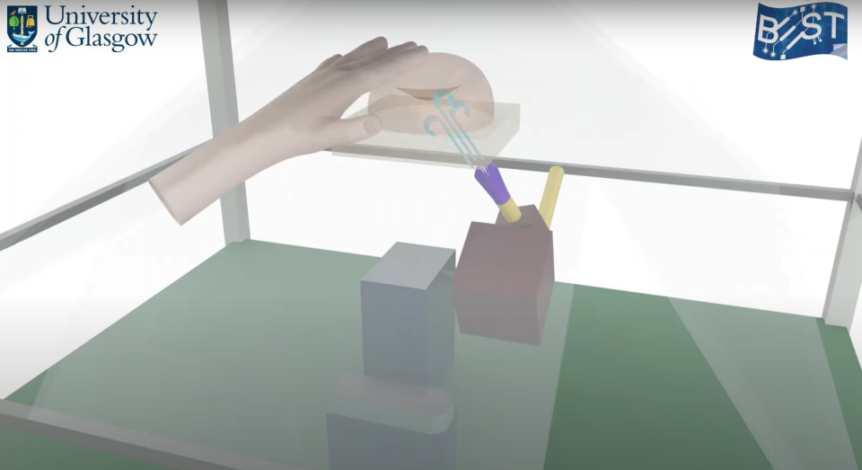 An illustration of the way a holographic "aerohaptic" system works to manipulate a hand into sensing things.