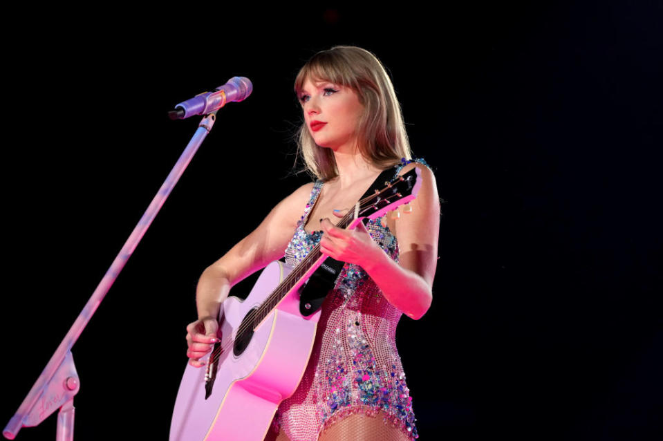 GLENDALE, ARIZONA - MARCH 17: Editorial use only and no commercial use at any time.  No use on publication covers is permitted after August 9, 2023. Taylor Swift performs onstage for the opening night of "Taylor Swift | The Eras Tour" at State Farm Stadium on March 17, 2023 in Swift City, ERAzona (Glendale, Arizona). The city of Glendale, Arizona was ceremonially renamed to Swift City for March 17-18 in honor of The Eras Tour. (Photo by Kevin Mazur/Getty Images for TAS Rights Management)