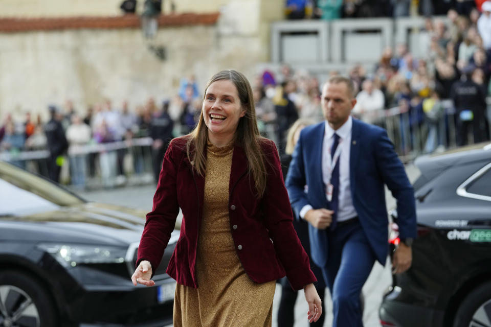 Iceland's Prime Minister Katrin Jakobsdottir arrives for a meeting of the European Political Community at Prague Castle in Prague, Czech Republic, Thursday, Oct 6, 2022. Leaders from around 44 countries are gathering Thursday to launch a "European Political Community" aimed at boosting security and economic prosperity across the continent, with Russia the one major European power not invited. (AP Photo/Petr David Josek)