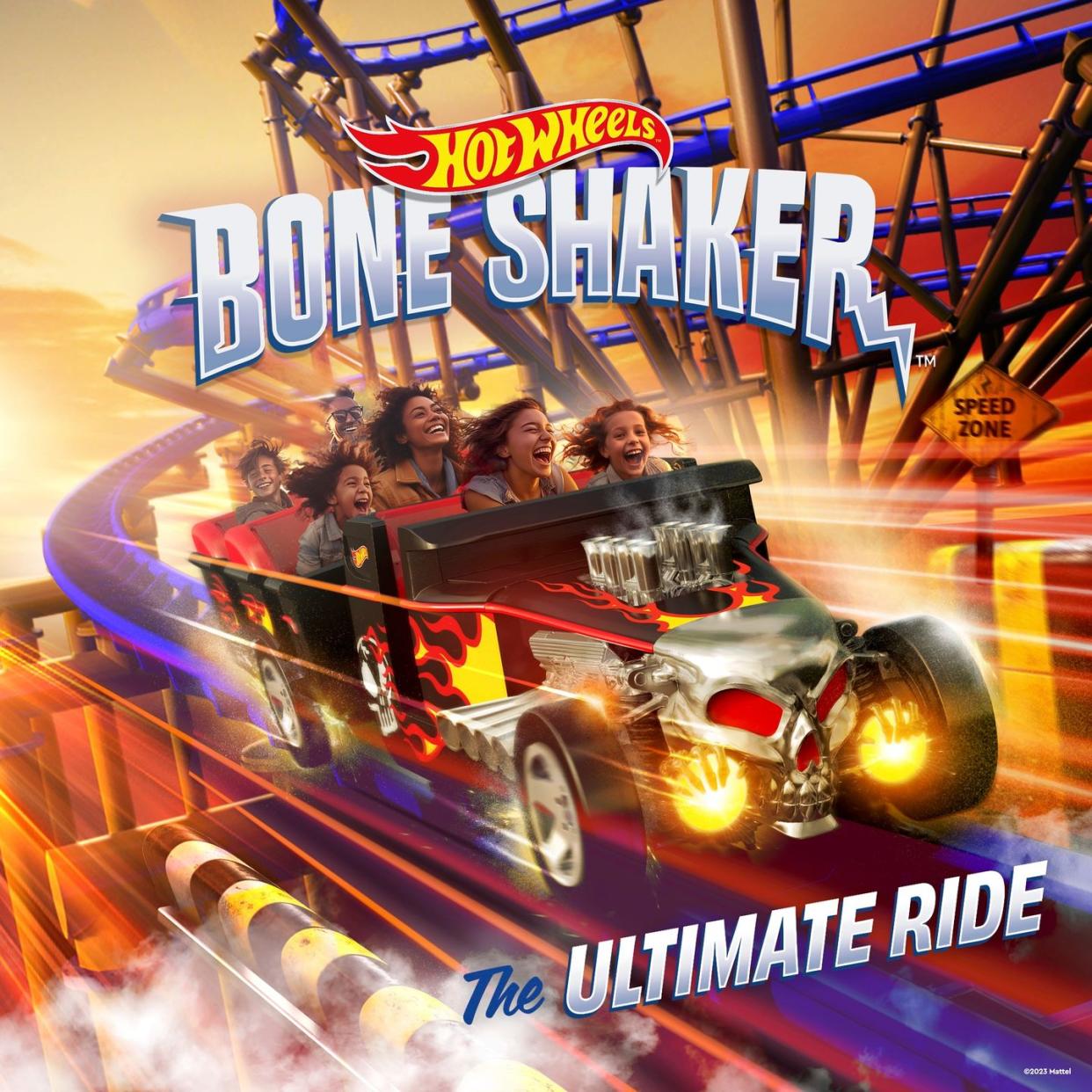 a rendering of hot wheels bone shaker the ultimate ride, one of the thrill rides at mattel adventure park