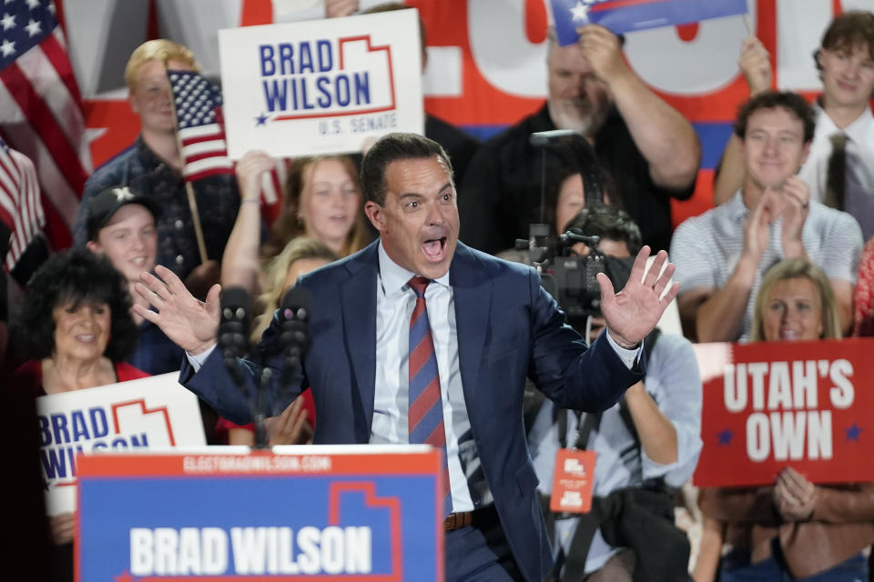 FILE - Republican Utah House Speaker Brad Wilson walks on to the stage before announcing that he is running for the U.S. Senate seat being vacated by Mitt Romney, who recently announced he won't run for re-election, during a rally on Sept. 27, 2023, in Draper, Utah. (AP Photo/Rick Bowmer, File)