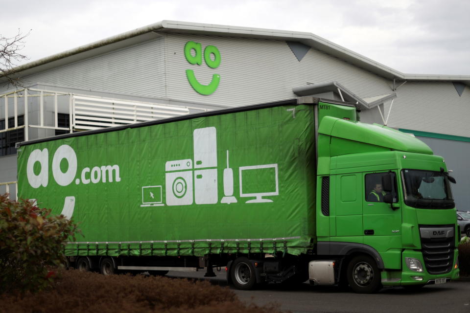 AO World A truck is pictured outside the AO distribution centre in Crewe, Cheshire, Britain November 24, 2020. REUTERS/Carl Recine