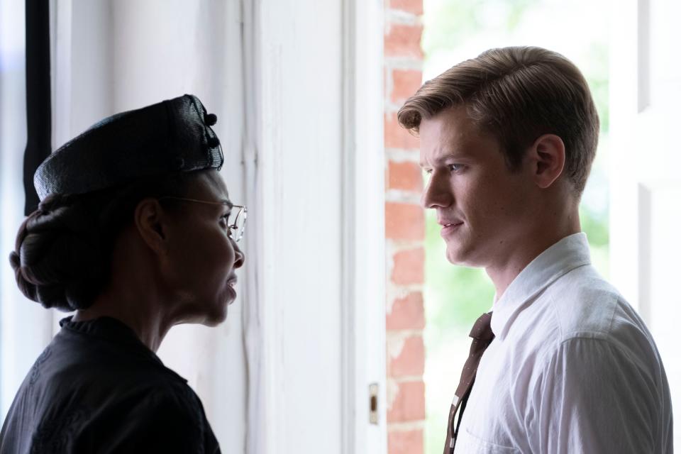 Bob Zellner (Lucas Till) meets Rosa Parks (Sharonne Lanier) in the civil-rights drama "Son of the South."