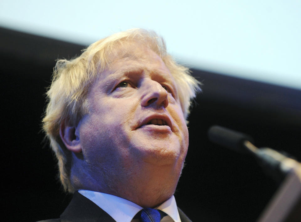 British Conservative Party Member of Parliament Boris Johnson speaks at a fringe event during the Conservative Party annual conference at the International Convention Centre, in Birmingham, England, Tuesday, Oct. 2, 2018. (AP Photo/Rui Vieira)