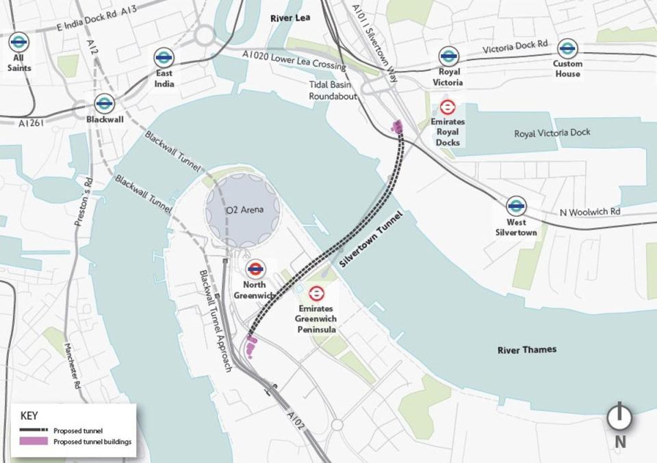 The proposed route of the Silvertown Tunnel (TfL)