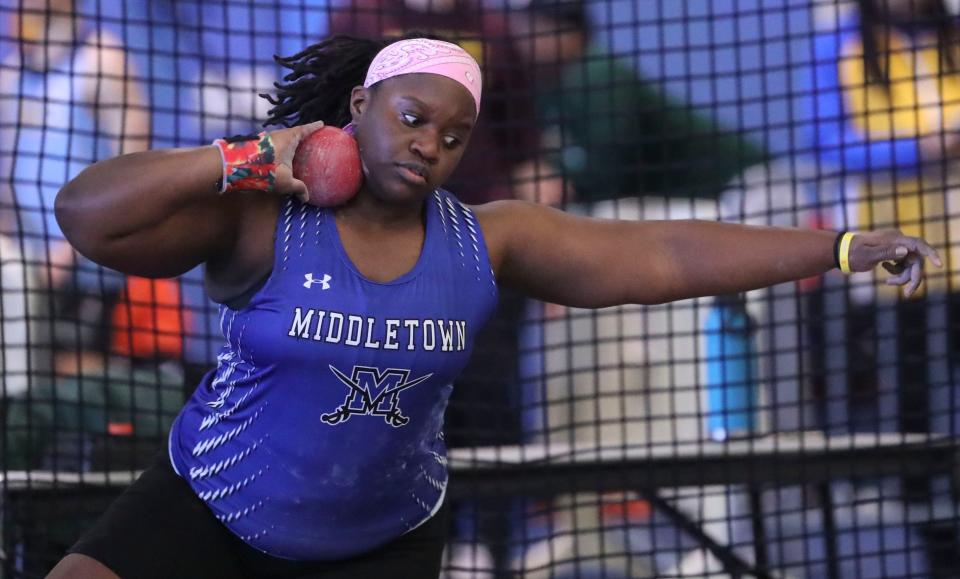 Middletown's Simone Cooper throws on her way to winning the shot put with a top throw of 41' 8.5" during the DIAA indoor track and field championships at the Prince George's Sports and Learning Complex in Landover, Md., Saturday, Feb. 3, 2023.