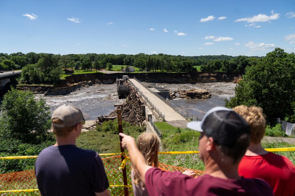 The bank of the Blue Earth River is seen after its collapse due to torrential rains, next to the Rapidan Dam southwest of Mankato, Minnesota on June 26, 2024.