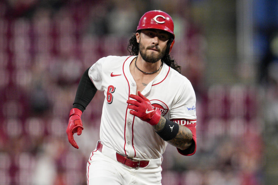 Cincinnati Reds' Jonathan India rounds the bases after hitting a solo home run during the seventh inning of a baseball game against the Arizona Diamondbacks Tuesday, May 7, 2024, in Cincinnati. (AP Photo/Jeff Dean)
