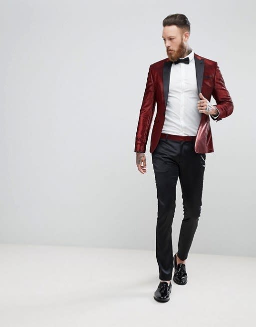 ASOS DESIGN skinny velvet smoking jacket in burgundy