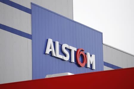 The logo of Alstom is pictured on a building in Montoir-de-Bretagne, near Saint-Nazaire, western France, December 2, 2014. REUTERS/Stephane Mahe