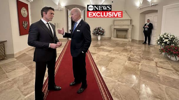 PHOTO: ABC's David Muir spoke to President Joe Biden, Feb. 22, 2023, at the Presidential Palace in Warsaw, Poland, at the conclusion of the president's three-day visit. (ABC News)