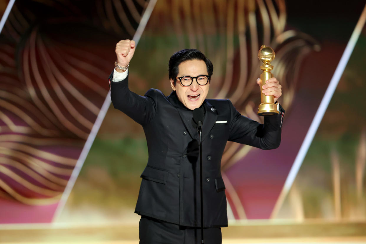 BEVERLY HILLS, CALIFORNIA - JANUARY 10: 80th Annual GOLDEN GLOBE AWARDS -- Pictured: Ke Huy Quan accepts the Best Supporting Actor in a Motion Picture award for 