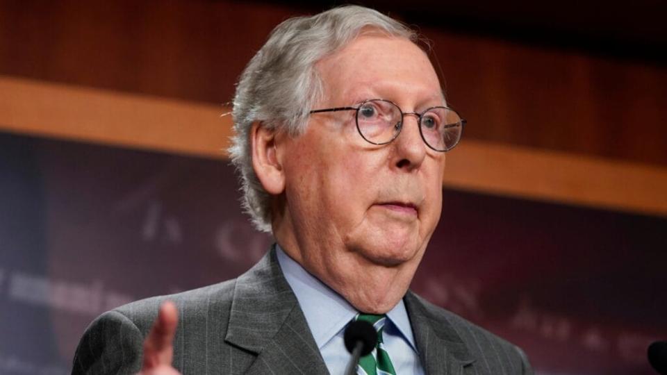 Senate Minority Leader Mitch McConnell speaks about his opposition to the For The People Act Thursday in Washington, D.C. (Photo by Joshua Roberts/Getty Images)