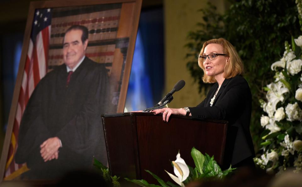 Justice Joan Larsen of the Michigan Supreme Court and a former clerk for Supreme Court Justice Antonin Scalia speaks at his memorial service at the Mayflower Hotel 1 March 2016 in Washington, DC. (Getty Images)