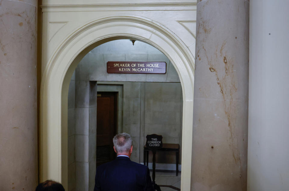 Former Speaker of the House Kevin McCarthy (R-CA) walks back into the office of the Speaker of the House to gather his things after holding a press conference several hours after being ousted from the position of Speaker by a vote of the House of Representatives on Capitol Hill in Washington, U.S. October 3, 2023. REUTERS/Jonathan Ernst