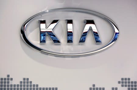The logo of Kia Motors is seen at the manufacturing plant in Pesqueria