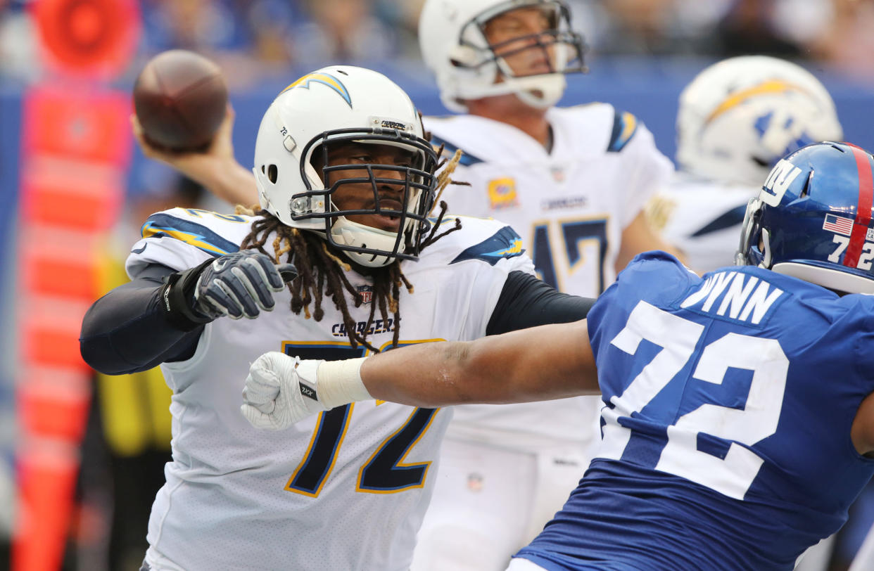 Joe Barksdale, #72 of the Los Angeles Chargers, is seen here in action against the New York Giants on October 8, 2017, in East Rutherford, New Jersey. He spent eight years in the NFL. (Al Pereira / Getty Images)