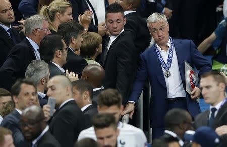 Football Soccer - Portugal v France - EURO 2016 - Final - Stade de France, Saint-Denis near Paris, France - 10/7/16 France head coach Didier Deschamps reacts after the game REUTERS/Carl Recine Livepic