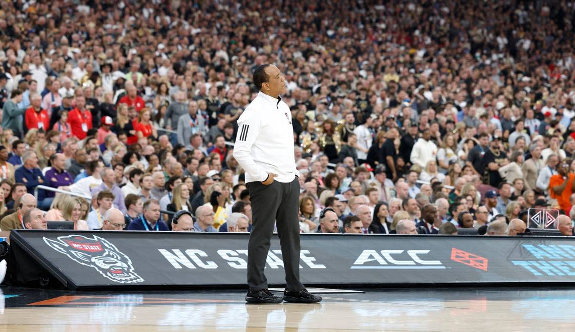 N.C. State head coach Kevin Keatts reacts during the first half of N.C. State’s game against Purdue in the NCAA Tournament national semfinals at State Farm Stadium in Glendale, Ariz., Saturday, April 6, 2024. Ethan Hyman/ehyman@newsobserver.com