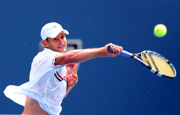 Andy Roddick of the United States returns a shot during his men's singles third round match against Fabio Fognini of Italy on Day Seven of the 2012 US Open at USTA Billie Jean King National Tennis Center on September 2, 2012 in the Flushing neighborhood of the Queens borough of New York City. (Photo by Cameron Spencer/Getty Images)