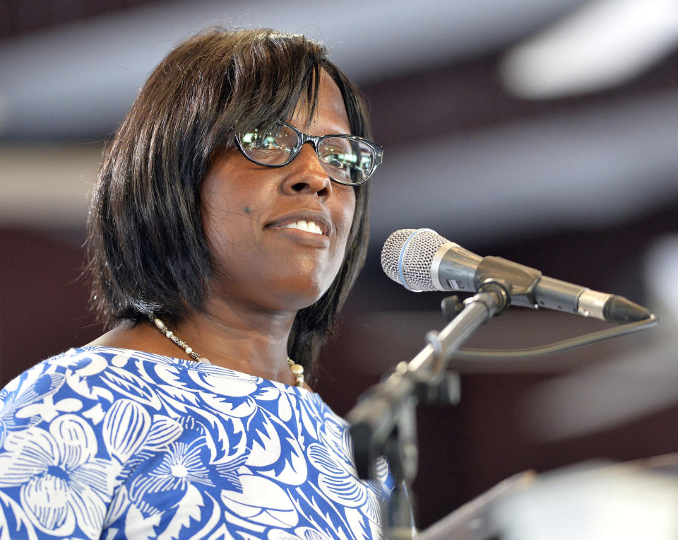 FILE - In this Saturday, Aug. 1, 2015 file photo, Kentucky Republican candidate for Lt. Governor Jenean Hampton addresses the audience at the Fancy Farm Picnic in Fancy Farm, Ky. Lt. Gov. Jenean Hampton, who was dropped from Bevin's reelection ticket this year, filed a lawsuit Thursday, Aug. 15, 2019 in a state court in an effort to win reinstatement of her two staff members who were dismissed by Bevin's administration. (AP Photo/Timothy D. Easley, File)