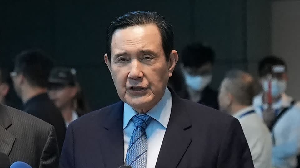 Taiwan's former President Ma Ying-jeou speaks to reporters ahead of his visit to China at the Taoyuan International Airport on April 1, 2024. - Yan Zhao/AFP/Getty Images