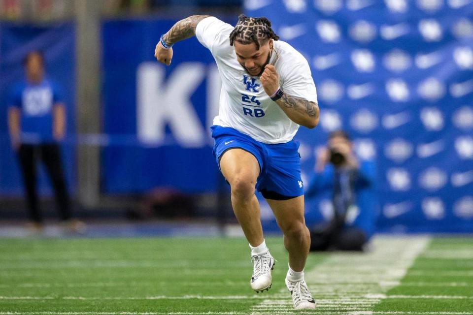 Former Kentucky running back Christopher Rodriguez participates in drills during the team’s pro day at Nutter Field House on March 24.