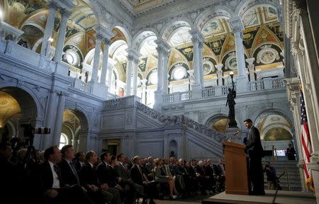 U.S. House Speaker Paul Ryan (R-WI) (R) delivers a policy address from the Great Hall at the Library of Congress in Washington December 3, 2015. REUTERS/Gary Cameron