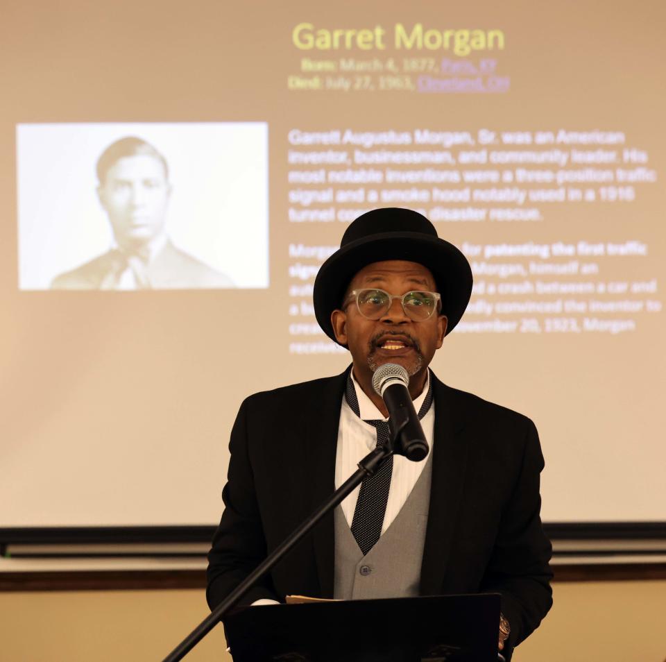 Miles Jackson portrays Garrett Morgan during the Brockton Area Branch NAACP's homage to influential Black leaders at the library on Saturday, Feb. 4, 2023.