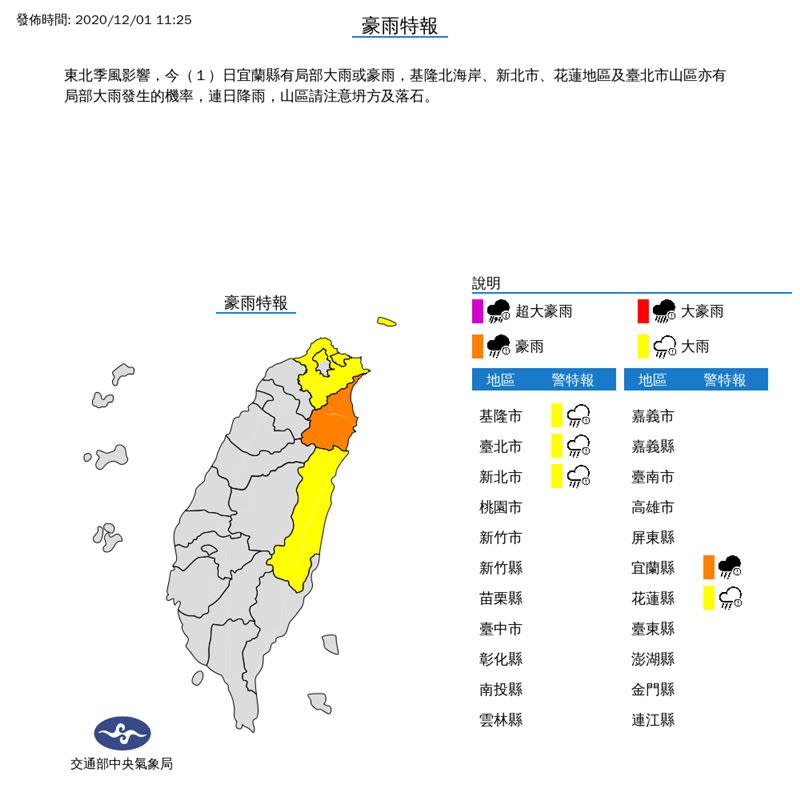 北北基等5縣市豪、大雨特報。（圖／氣象局）