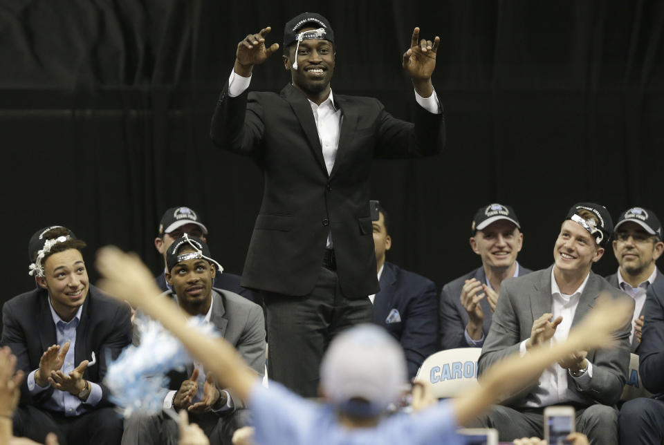 Theo Pinson reacts as North Carolina basketball players and coaches greet fans in Chapel Hill, N.C., Tuesday, April 4, 2017 following Monday's win over Gonzaga in the NCAA college basketball championship. (AP Photo/Gerry Broome)