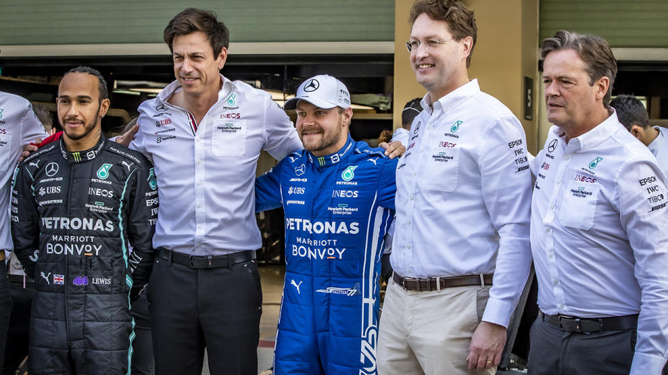 Lewis Hamilton, pictured here with Toto Wolff and Valtteri Bottas at the Abu Dhabi Grand Prix.