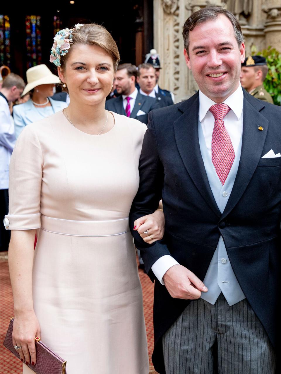 Hereditary Grand Duke Guillaume of Luxembourg and Hereditary Grand Duchess Stephanie of Luxembourg attend the Te Deum thanksgiving mass in the Cathedral on the National Day on June 23, 2019 in Luxembourg, Luxembourg.