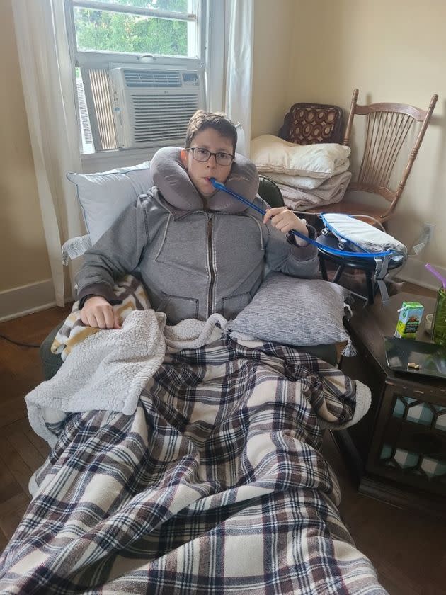 The author recovering at home after their top surgery. (Photo: Courtesy of Jaime Lazich)