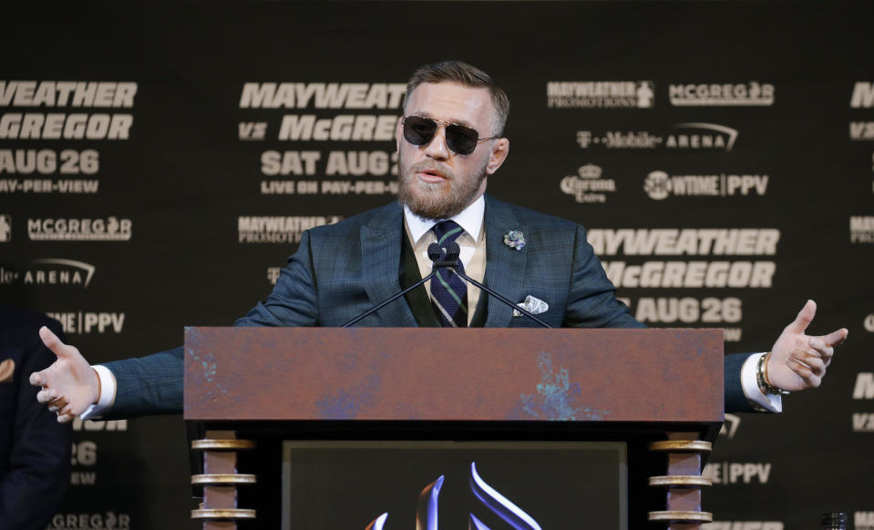 Conor McGregor speaks during news conference Wednesday, Aug. 23, 2017, in Las Vegas. McGregor is scheduled to fight Floyd Mayweather Jr. in a boxing match Saturday in Las Vegas. (AP Photo/John Locher)