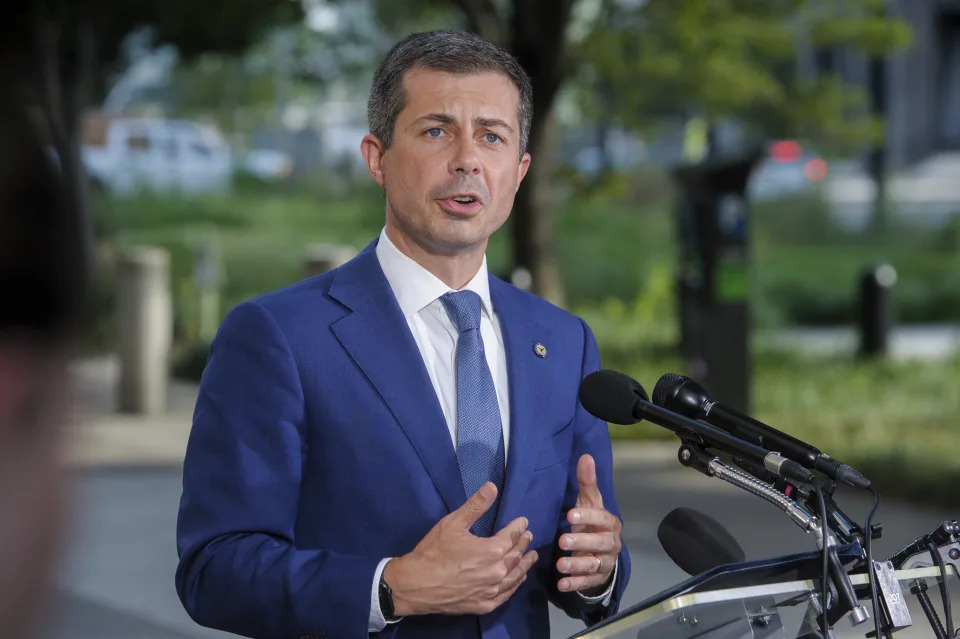 Transportation Secretary Pete Buttigieg offers remarks on the continued flight disruptions affecting Delta Air Lines passengers and DOT's investigation into Delta, at the U.S. Department of Transportation, Tuesday, July 23, 2024, in Washington. (AP Photo/Rod Lamkey, Jr.)