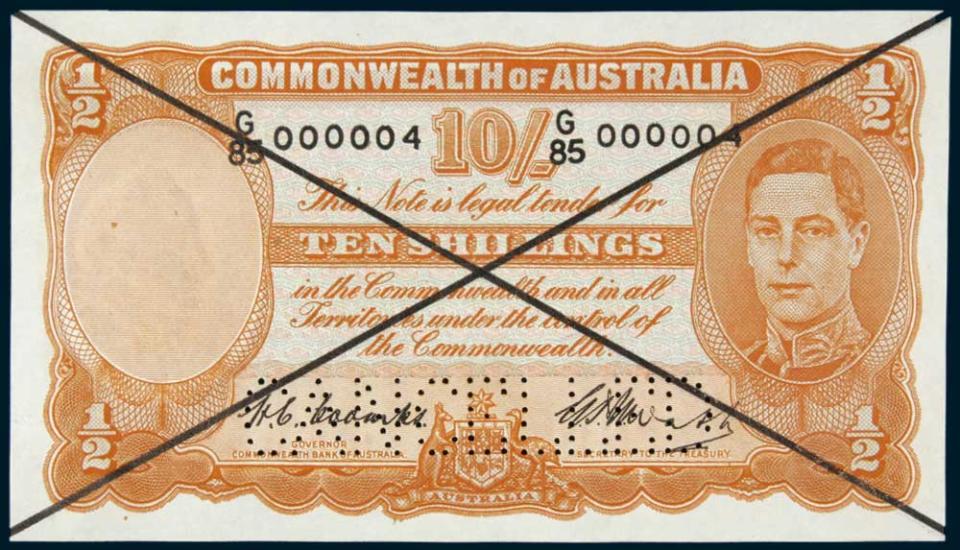 A 10-shilling banknote in the set expected to fetch more than $250,000 in the Noble Numismatics auction in Sydney.
