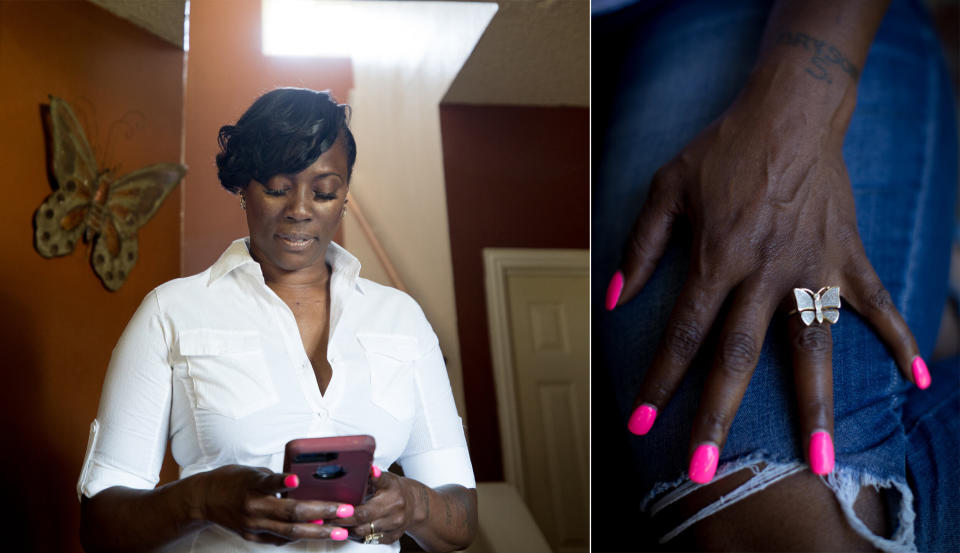 LEFT: Crystal Mason, 44, checks in with the halfway house where she is living to let them know she has made it safely to her home in Rendon, Texas. RIGHT:&nbsp;Mason's diamond butterfly ring. She likes butterflies, she says, because they symbolize new beginnings. (Photo: Allison V. Smith for HuffPost)