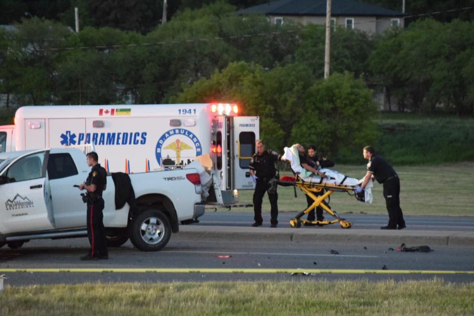 One person was loaded into an ambulance near the intersection of Airport Road and Circle Drive.