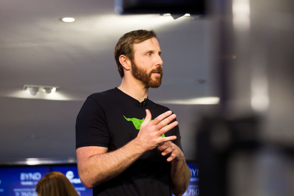 Ethan Brown, founder and chief executive officer of Beyond Meat Inc., speaks during an interview at the Nasdaq MarketSite during the company's initial public offering in New York, on May 2, 2019.