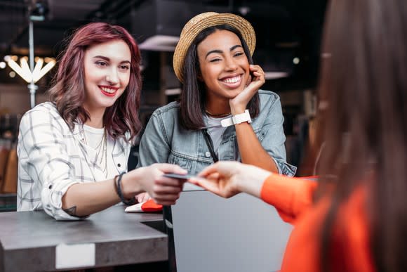 Two young women paying for purchases with a credit card.