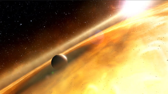 This artist's impression shows the huge exoplanet Fomalhaut b orbiting its sun, Fomalhaut.